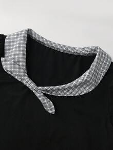 Franclia 女士优雅法式黑白格纹蝴蝶结肩部短袖T恤，新款夏季修身款上衣 - 黑色 - 查看 5