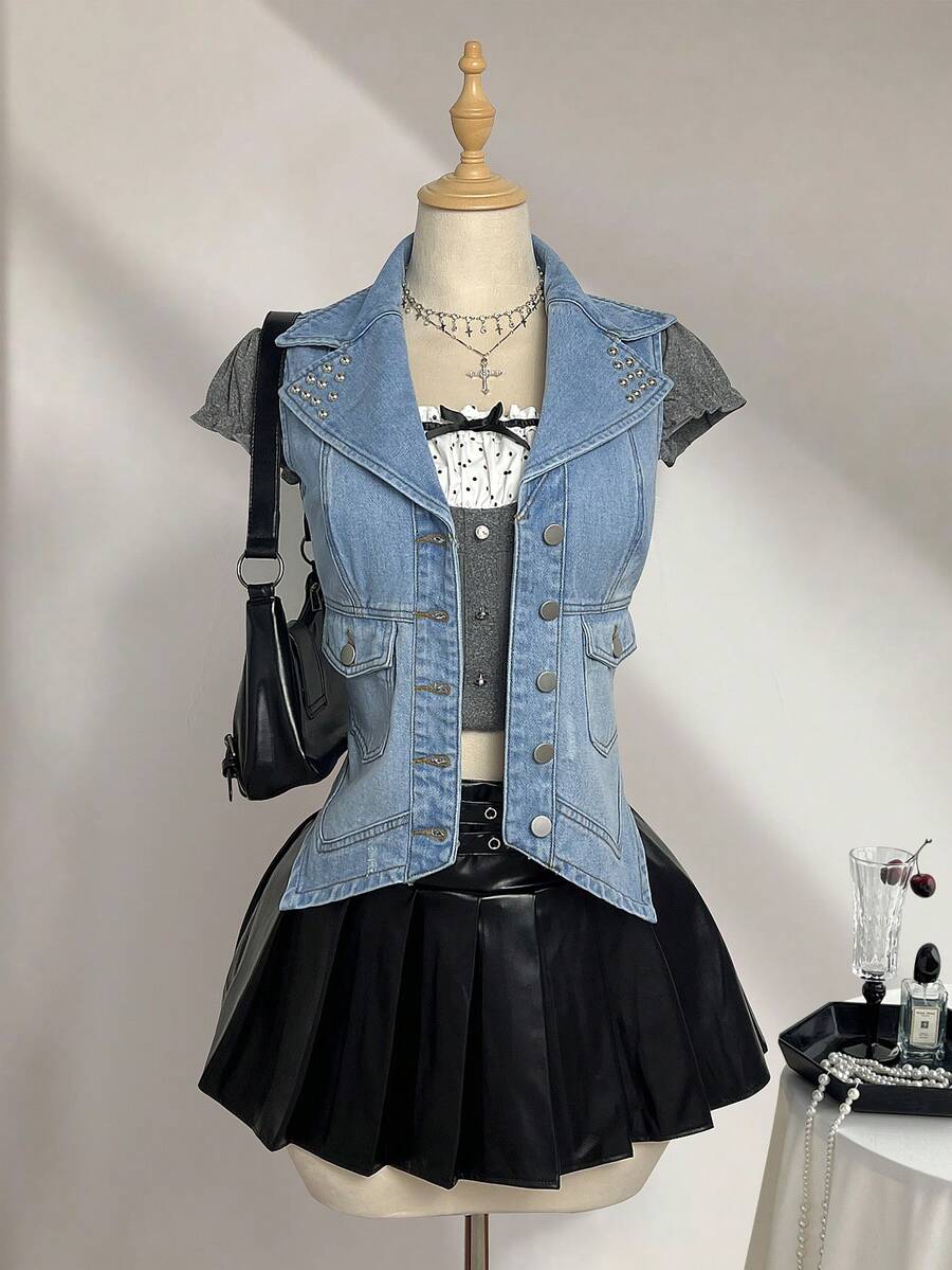 Elamini Y2K 时尚休闲性感翻领纽扣牛仔背心 - 中等水洗藍 - 查看 1