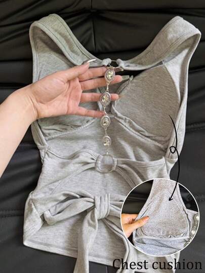 INAWLY Women's Casual Backless Chain Decor Padded Camisole Top