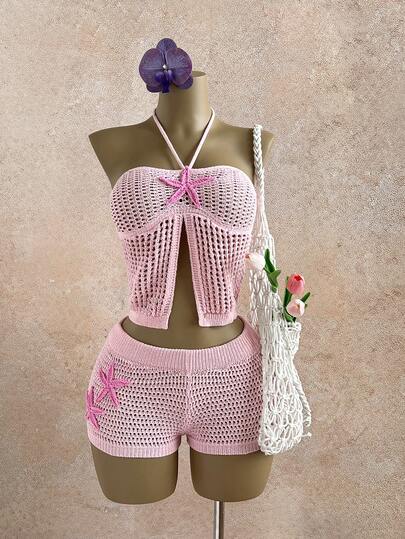 Elamini 女士沙滩短裤套装（两件套），3D立体花卉上衣，甜美时尚性感度假夏季装扮