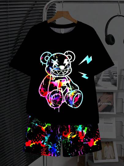 SHEIN 青少年男童休闲小熊印花圆领短袖T恤和短裤两件套