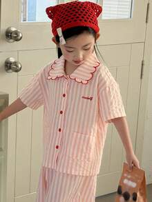 DAZY Bộ đồ ngủ 2 món cho bé gái, gồm áo ngắn tay và quần kẻ sọc dệt kim. - Hồng - Xem 11