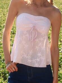 Sydney Algeri 女士刺绣纹理吊带抽绳农家上衣，春夏 - 粉色 - 查看 4