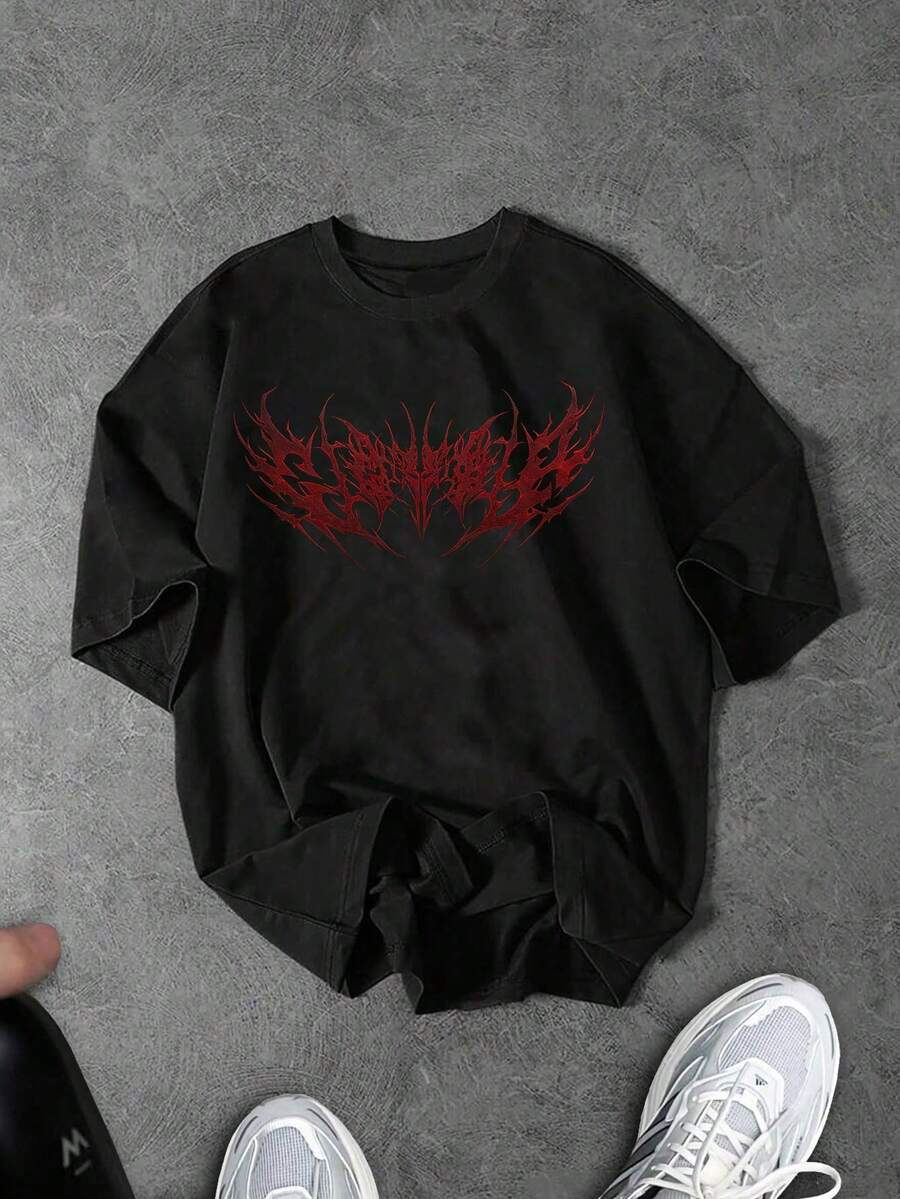 Sport MetroGents Áo thun thể thao nam tay ngắn cổ tròn dáng rộng in họa tiết Gothic, thích hợp tập gym. - màu đen - Xem 1