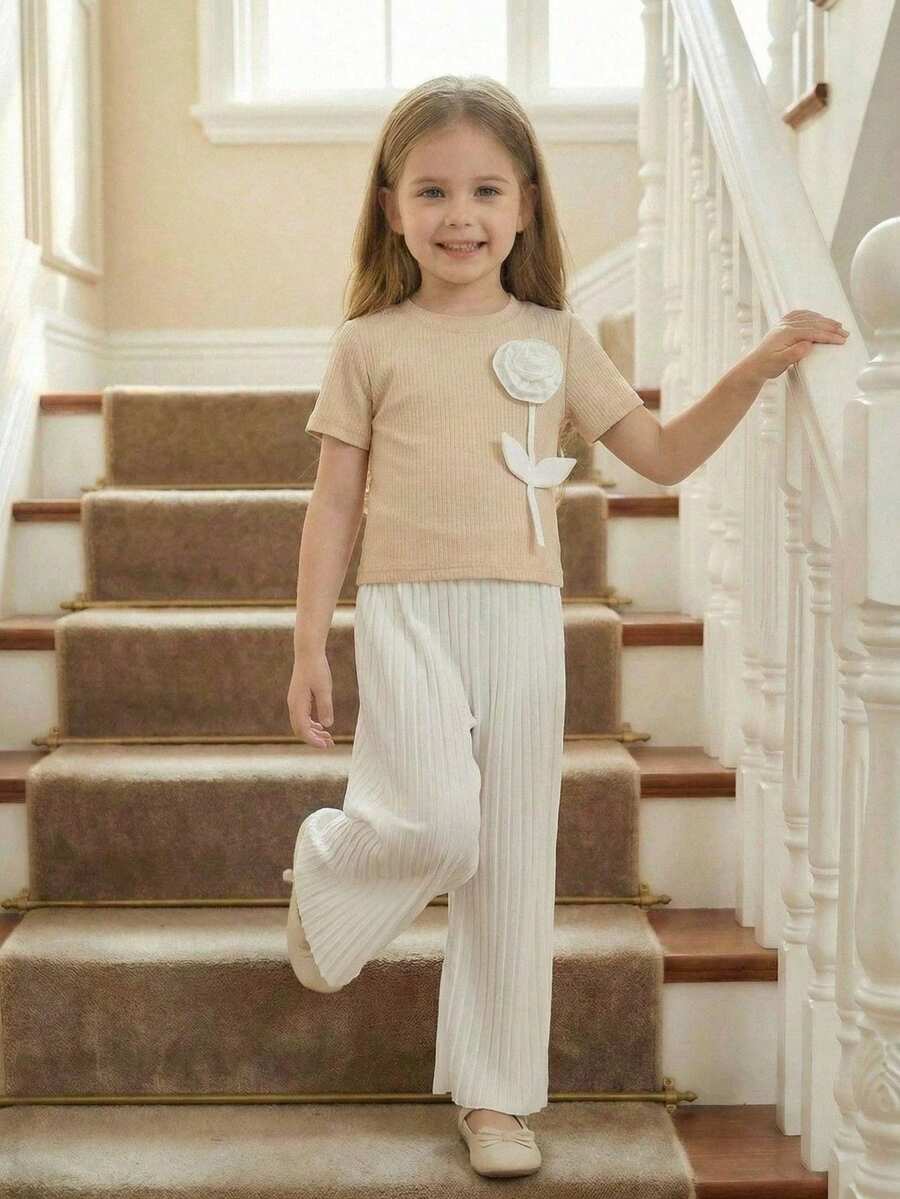 SHEIN Genkimix Kids 2pcs Young Girl 3D Floral Decor Casual T-Shirt + Solid Color Pleated Straight Leg Pants Set - Apricot - View 1