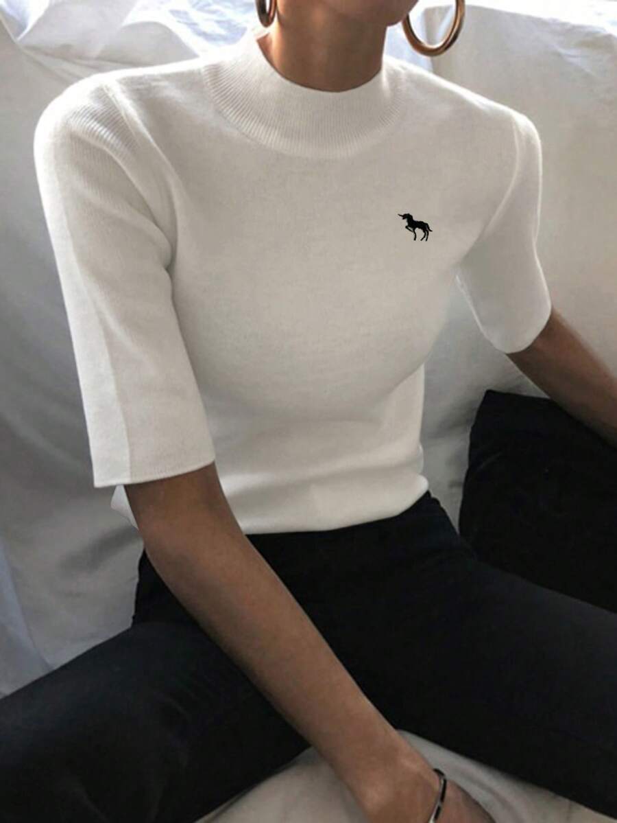 DAZY Women's Mock Neck Fitted Ribbed Half Sleeve Sweater With Embroidered Pattern - White - View 1