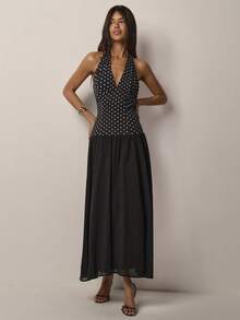 COSMINA 女士黑色波点露背雪纺拼接休闲优雅简约Y2K连衣裙，无袖长裙 - 黑色 - 查看 5