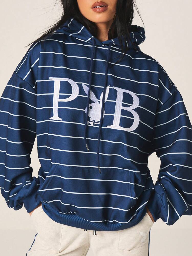 Missguided x Playboy Women's Oversized Navy Blue Striped Hoodie With Graphic Print Long Sleeve Pullover Sweatshirt For Casual Streetwear Fall Winter