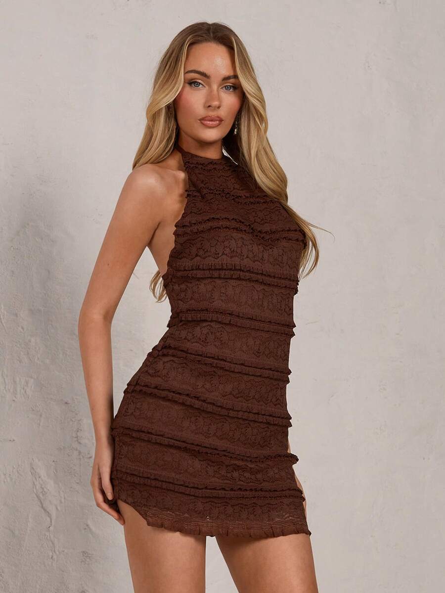 SHEIN Glamour 优雅休闲蕾丝连衣裙和半身裙 - 咖啡 - 查看 1