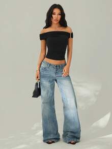 SHEIN PETITE 不对称肩部针织T恤上衣，紫红色黑色上衣 - 黑色 - 查看 8