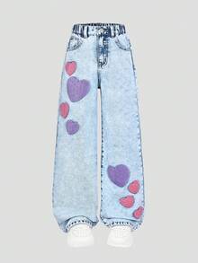 SHEIN Tween Girls Jeans - 时尚做旧雪花水洗刺绣阔腿牛仔裤 - 淺色水洗藍 - 查看 3
