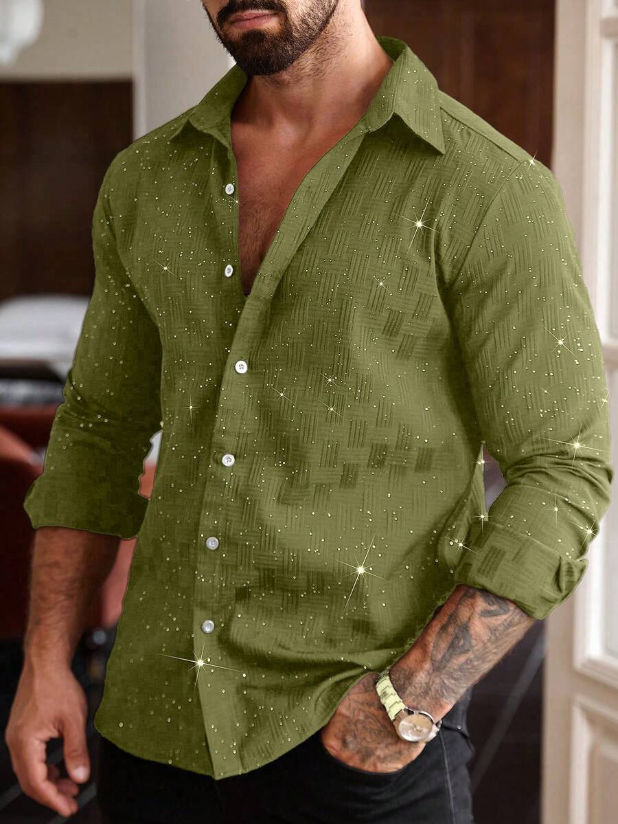 Manfinity Homme Plus Size Men's Long Sleeve Collared Button-Up Shirt - Army Green - View 1