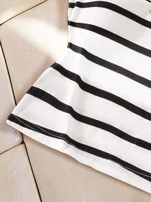 少女休闲条纹方领T恤，夏季 - 黑與白 - 查看 3