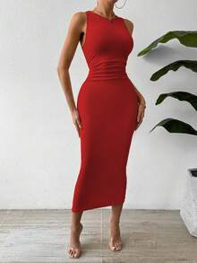 SHEIN Raffinéa Đầm dài mùa hè thanh lịch, thoải mái, thích hợp cho buổi hòa nhạc, công sở, hẹn hò, du lịch, nghỉ dưỡng, cổ tròn, eo nhún và ôm sát, không tay. - Nhiều màu - Xem 3