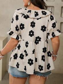 SHEIN LUNE CURVE Plus Size Women Beige Floral Print Crew Neck Ruffle Front Tie Babydoll Top,Summer Boho Vacation Holiday Wedding Guest Casual Flower Blouse Tops - Multicolor - View 2