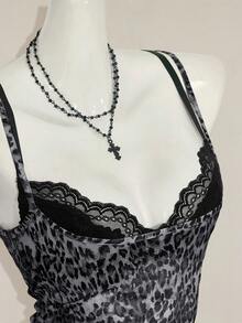 SHEIN ICON Women's Gray Leopard Print Sheer Camisole, Paired With Black Lace Spaghetti Strap 2 In 1 Camisole - Grey - View 9