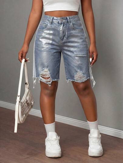 Slaydiva 女士银色印花休闲牛仔短裤，街头风短裤，节日短裤，度假牛仔短裤