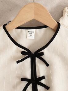 SHEIN Tween Girls Casual Elegant Striped Round Neck Contrast Bow Decor Vest And Pants 2 Pieces Outfit,Kids - Khaki - View 8