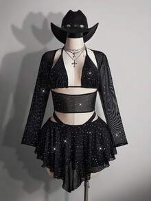 SHEIN ICON 大码女式网纱亮片长袖吊带上衣和短裤性感套装 - 黑色 - 查看 3