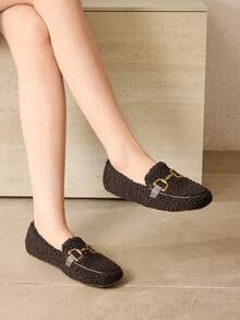 MOTF WOMEN'S CASUAL CHAIN DECOR TEDDY FLEECE FLAT SHOES, SUITABLE FOR COMMUTING, AUTUMN/WINTER VALENTINE'S DAY - Brown - View 2