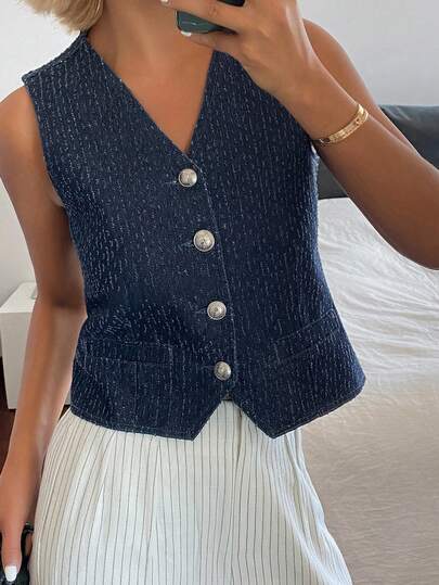 Livesso Women's V-Neck Single-Breasted Casual Denim Vest