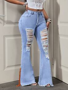 Slaydiva Women's Pocket Distressed Frayed Hem Flare Leg Jeans - Light Wash - View 5