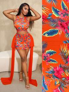 BamGleam Women's Orange Tropical Print Mini Dress With Side Mesh Ruffle Trim, Vacation Dress - Orange - View 5