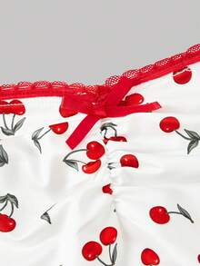 SHEIN MOD White And Red Cherry Print Two-Piece Set,Summer Cottage Core Picnic Holiday,Strapless Ruched Bustier Top & High-Waisted Tiered Ruffle Mini Skirt - Red and White - View 4