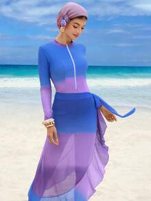 Swim Shayni 女士26码新款渐变扎染拉链裹身荷叶边布基尼三件套，适合冲浪、海滩、度假 - 彩色 - 查看 4