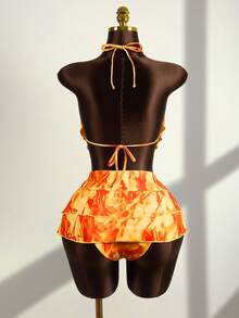 Zestiva 3pcs Women's Swimwear Set, Tie-Dye Print, Front Metal Ring Halter Top, Matching Ruffle Skirt, Summer - Orange - View 2
