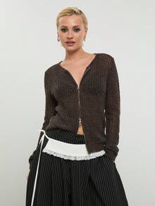 COUREZ Long Sleeve Zip Thru Open Knit Top /Y2K Spring Clothes For Women Brown Knit Hoodie Zip Up Hoodie Cute Going Out Outfits Music Festival Outfits Vacation Outfits Summer Holiday Outfits - Army Green - View 2