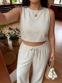SHEIN EZwear Bộ đồ 2 món dành cho nữ cỡ lớn, màu trơn, cổ tròn, gồm áo tank top và quần dài cạp chun, kiểu dáng thường ngày. - Màu be - Xem 3