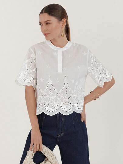 CielaLinda Áo sơ mi nữ màu trắng thêu họa tiết, áo kiểu tay ngắn có lỗ xỏ dây.