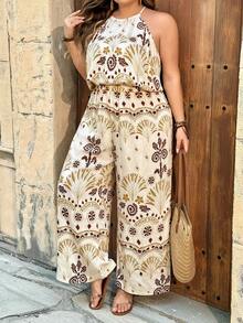 SHEIN CURVE+ Curve 尺码 US22 音乐节、海滨度假、波西米亚休闲度假图腾印花露背连体裤 - 彩色 - 查看 8