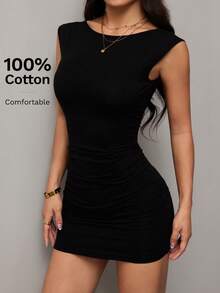 SHEIN PETITE 女士露背迷你连衣裙，100%纯棉针织面料，舒适休闲百搭，适合度假、约会和日常穿着。 - 黑色 - 查看 8
