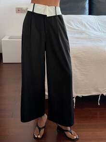 DAZY Contrast Waistband Straight Leg Cropped Pants, Casual Suit Trousers For Women, Spring/Summer - Black - View 4