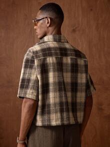 AKNOTIC 男士街头风格水晶蜘蛛网格子短袖梭织衬衫 - 咖啡棕 - 查看 6