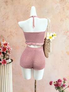 Selianne 2pcs/Set Elegant 3D Floral Halter Asymmetrical Knit Sweater, Spring/Summer - Pink - View 2