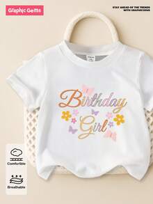 SHEIN Vintaside Kids 女婴休闲舒适时尚简约字母图案短袖 T 恤，适合生日 - 白色 - 查看 4
