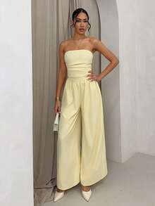 SHEIN Glamour Mono de pierna ancha con pliegues y sin tirantes, unicolor y sexy, adecuado para graduación y baile de graduación - Amarillo - Ver 6