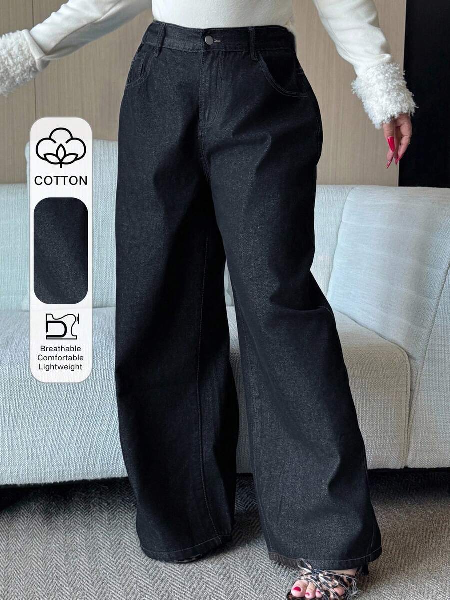 Dazy Plus Jeans rectos de pierna larga con parches, cintura con cordón y lavado oscuro, para todas las estaciones - Negro - Ver 1