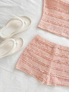 Soleia Bộ 2 món dành cho nữ, thích hợp cho kỳ nghỉ xuân/hè, gồm áo crop top dệt kim nhẹ màu hồng, thiết kế bất đối xứng vai và quần short ôm sát cạp siêu thấp, phù hợp cho các dịp như tiệc tùng, Lễ Tình nhân, hẹn hò, đi biển, du thuyền, lễ hội, lễ Phục sinh. - Màu Hồng baby - Xem 3