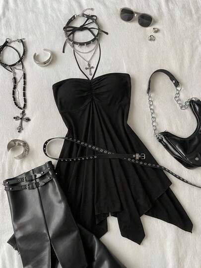 Attitoon Blusa de unicolor con cuello halter, lazo, drapeado y bajo asimétrico, versátil y de moda para citas y salidas