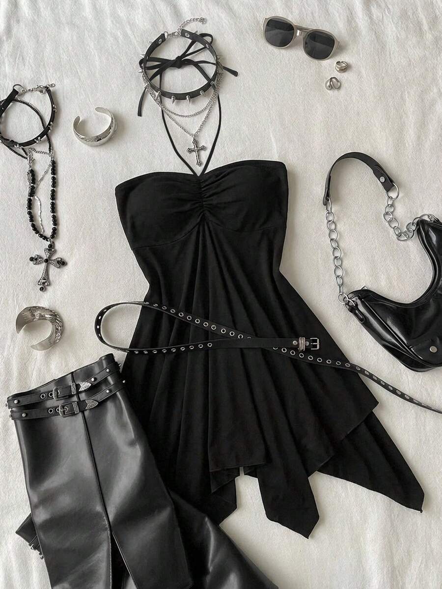 Attitoon Women's Solid Color Halter Tie Ruched Asymmetrical Hem Fashionable Versatile Blouse For Dates & Outings - Black - View 1