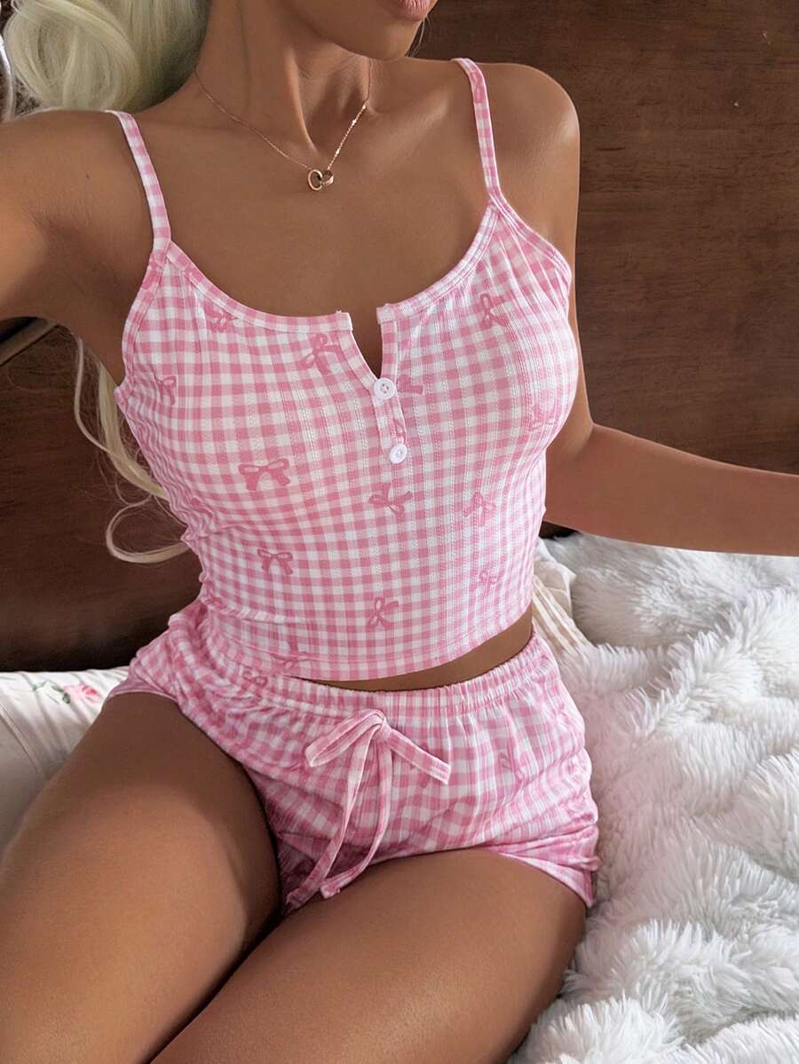 ZzzCrew Bộ đồ ngủ dáng ôm, thời trang thường ngày, họa tiết kẻ caro hồng và nơ, cúc trắng. - Hồng - Xem 1