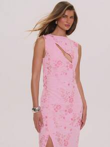 MUSERA Đầm maxi dáng ôm cổ thẳng, đính cườm và sequin, xẻ tà bên, thích hợp cho mùa xuân hè, thanh lịch, dự tiệc cưới, kỳ nghỉ, tuần trăng mật, tiệc tốt nghiệp. - Màu Hồng baby - Xem 2