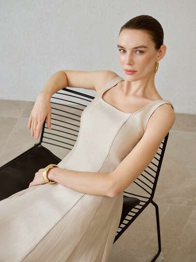 MOTF PREMIUM VESTIDO ELEGANTE DE MUJER DE COLOR ALBARICOQUE DE LARGO MEDIO CON BOLSILLO