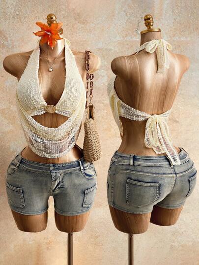 Mistrie Women's Vacation Metal Shell Decor Plunging Neck Sexy Halter Top, Summer, Summer Tops, Summer, Summer Holiday, Summer For Women, Summer For Women ,Spring, Spring Women, Spring Break, Spring, Spring, Spring Spring Women, Spring Women, Vacation Women, Holiday For Women, Summer Holiday, Vacation For Women Vacation, Holiday, Holiday, Summer Vacation, Beach Vacation For Women 2 Piece Woman Set Summer Jean 2 Piece Set Brunch Outfit Summer Sexy Denim Outfit Women Two Piece 2piece Summer Sets