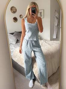 DAZY 2pcs/Set Ditsy Floral Sleeveless Tank Top And Straight Leg Long Pants Pajama Set For Women, Summer - Blue - View 1
