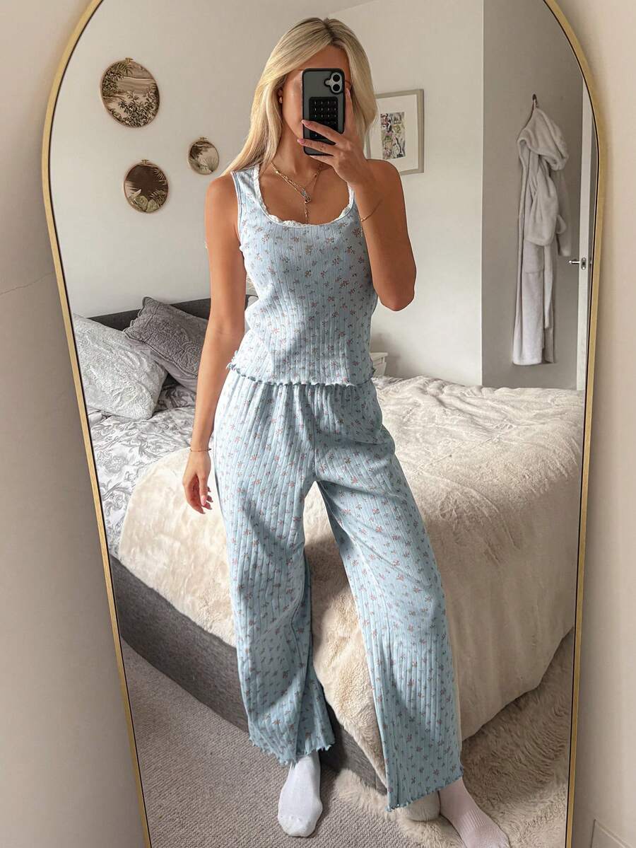 DAZY 2pcs/Set Ditsy Floral Sleeveless Tank Top And Straight Leg Long Pants Pajama Set For Women, Summer - Blue - View 1